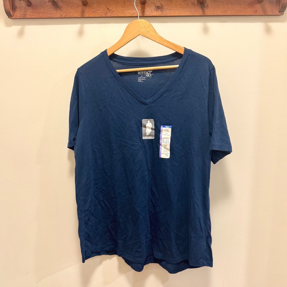 Terra & Sky Womens Navy Blue V-Neck Short Sleeve Long Length T-Shirt 1X 16W-18W